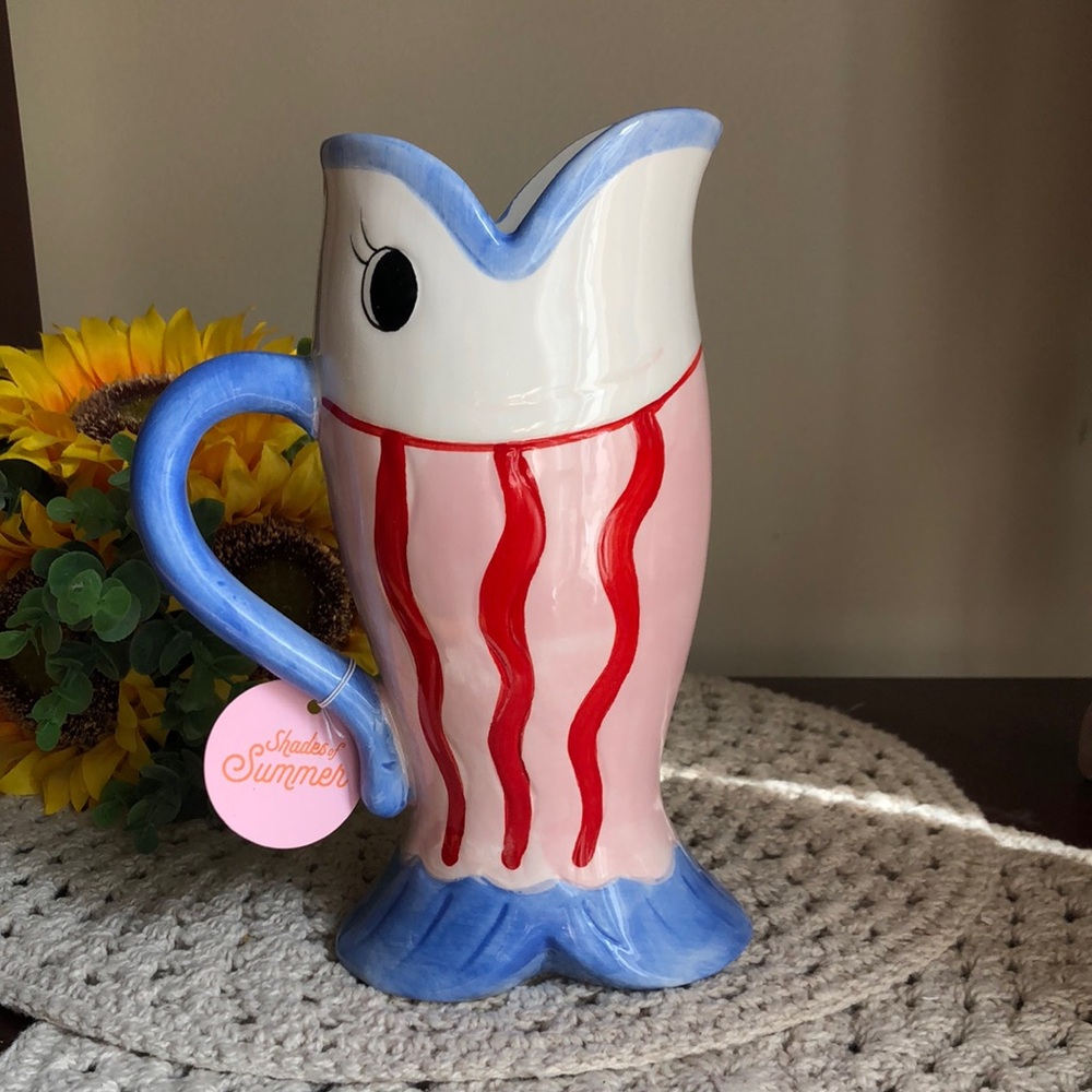 Whimsical Pink & Blue Fish-Shaped Ceramic Pitcher